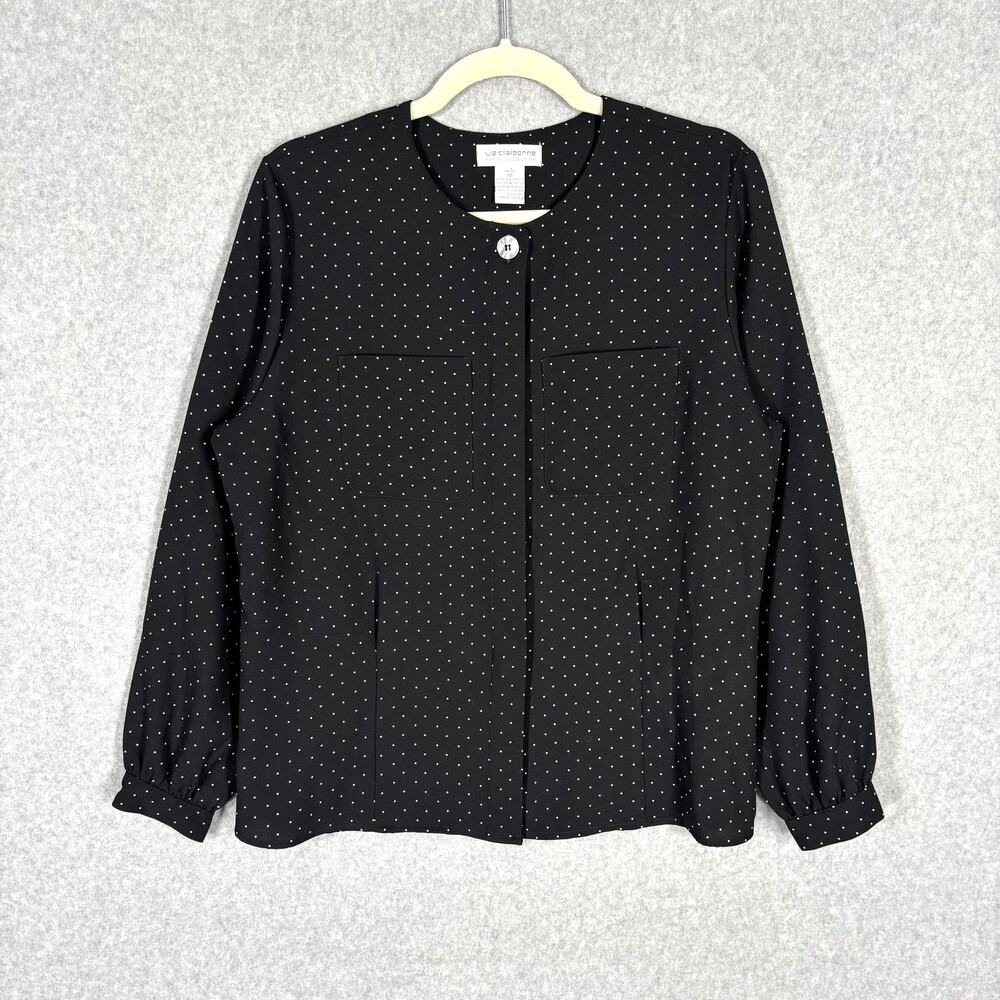 Liz Claiborne Blouse 12P Black White Polka‎ Dot Button Twee Royal Capsule Career